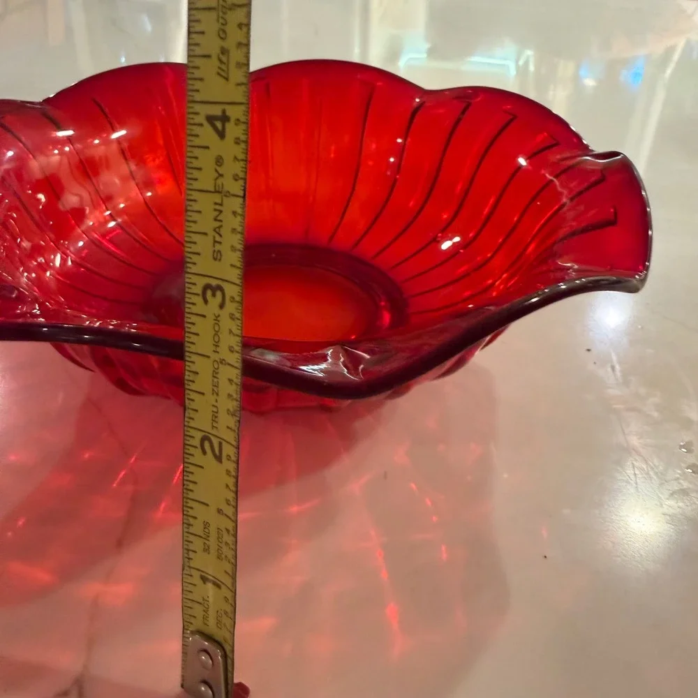 Fenton Ruby Red Ribbed Glass Bowl Scalloped Edge Fluted Mid-Century Modern